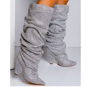 Women's Closed Pointed Toe Rhinestones Boots Knee High Slouch Boots Size 8